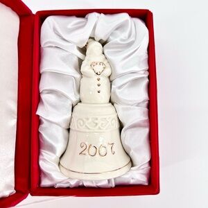 St. Nicholas Square Porcelain Snowman Bell 2007 Lux Velvet Satin Red Box Gold